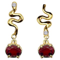 Garnet Diamonds Gold Snake Dangle Earrings Made in Italy By Rossella Ugolini