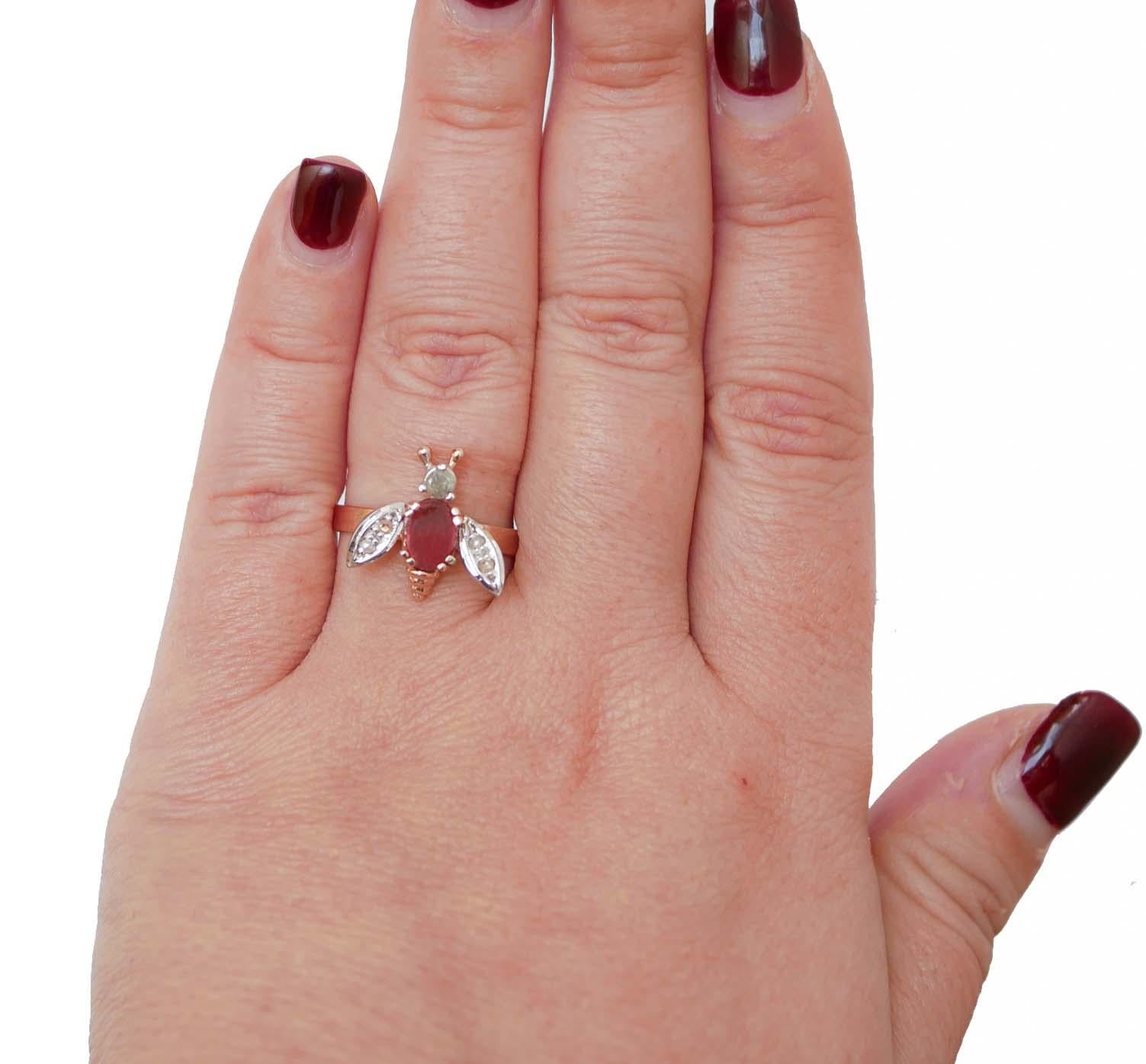 Mixed Cut Garnet, Diamonds, Rose Gold and Silver Fly Ring For Sale