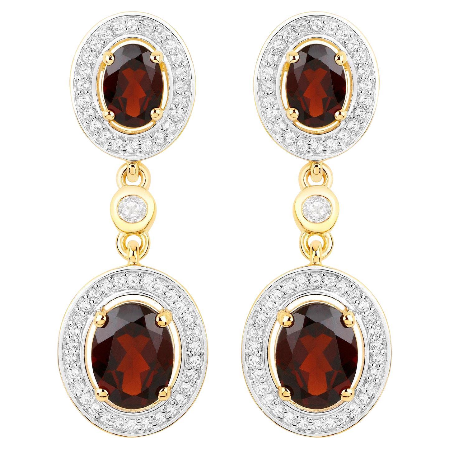Garnet Earrings With White Topaz 6.32 Carats Gold Plated Silver