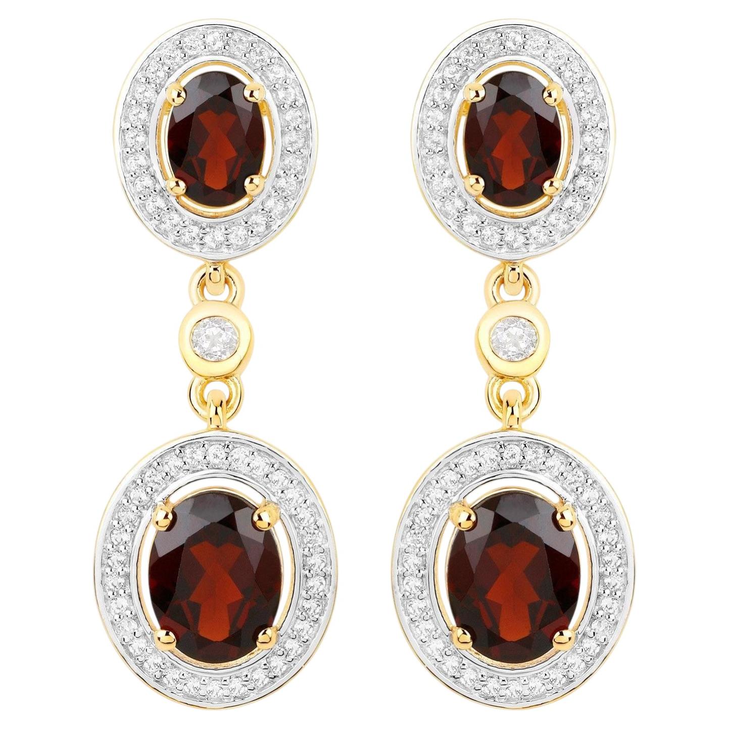 Garnet Earrings With White Topaz 6.32 Carats Gold Plated Silver