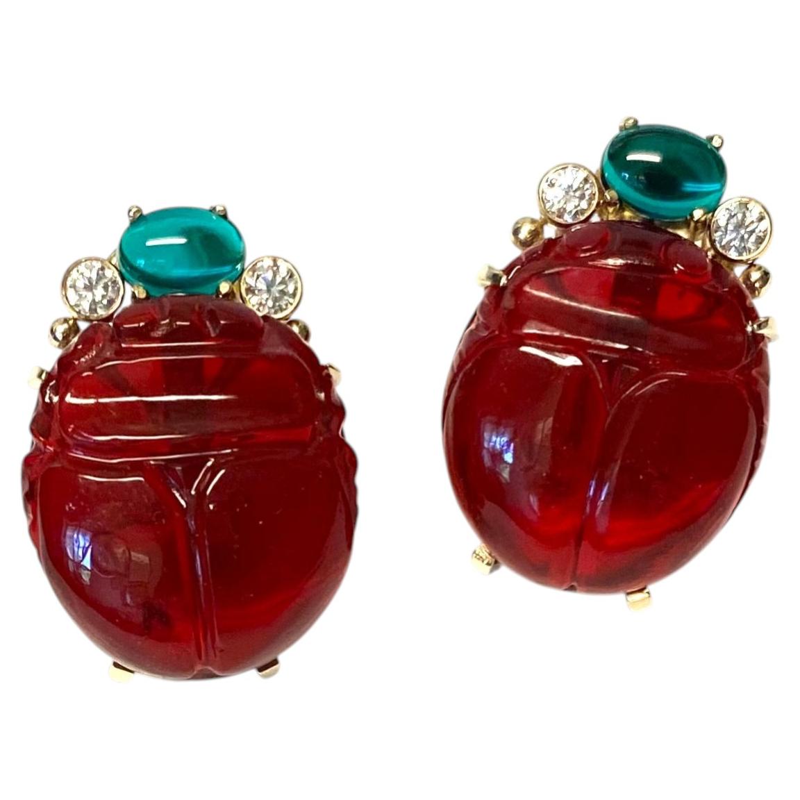 Michael Kneebone Garnet Emerald Diamond Scarab Drop Earrings For Sale