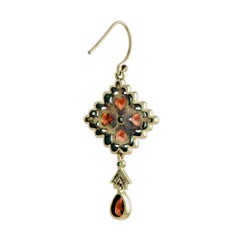 Garnet Emerald Pearl Vintage Style Drop 9K Yellow Gold Earrings