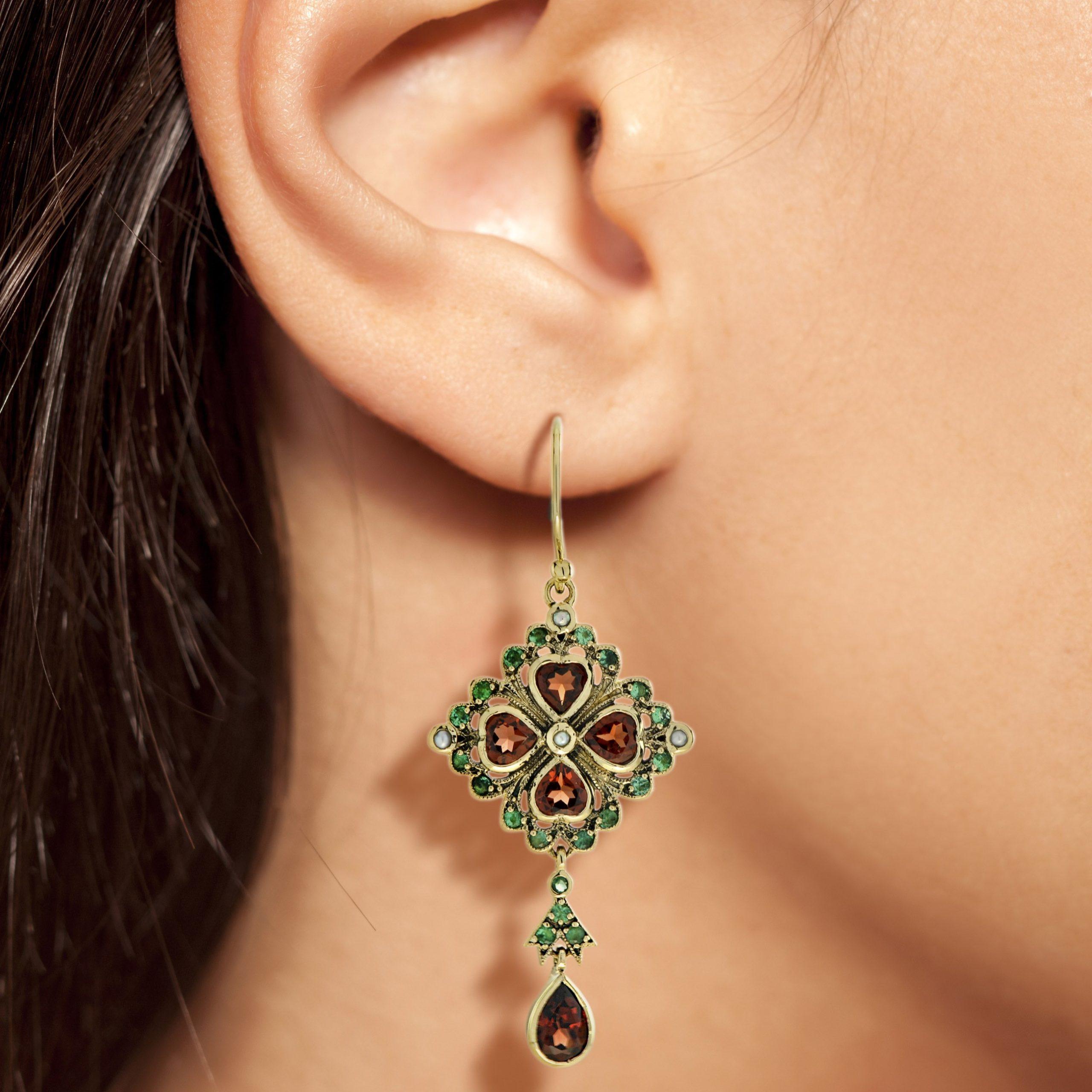 Women's Garnet Emerald Pearl Vintage Style Drop 9K Yellow Gold Earrings For Sale