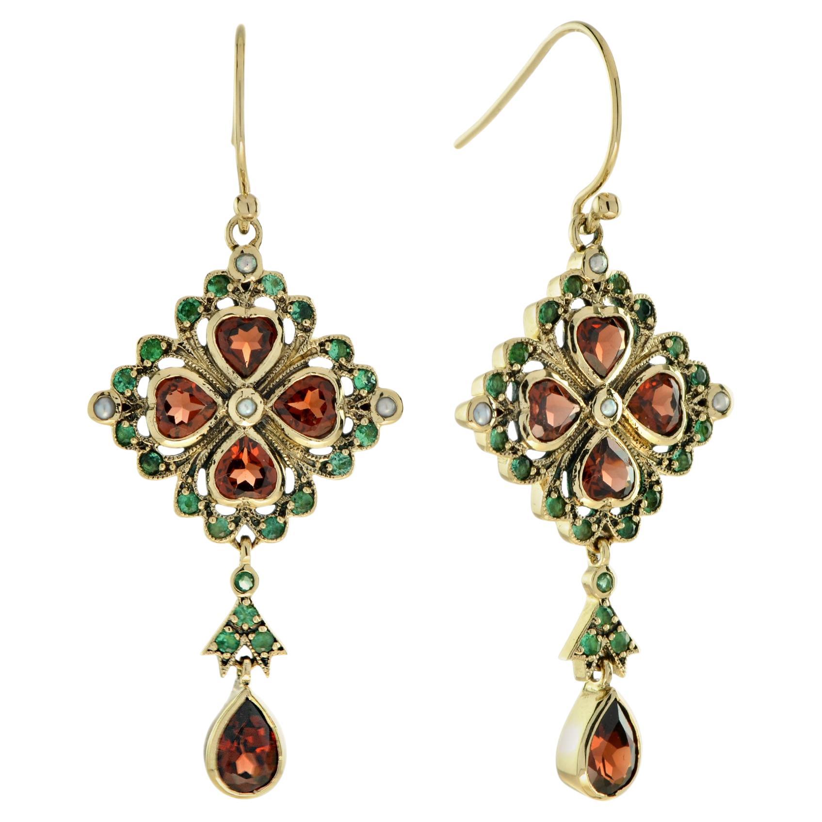 Garnet Emerald Pearl Vintage Style Drop 9K Yellow Gold Earrings For Sale