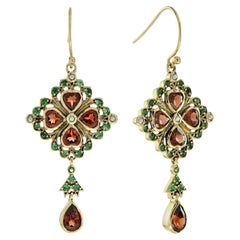 Garnet Emerald Pearl Vintage Style Drop 9K Yellow Gold Earrings