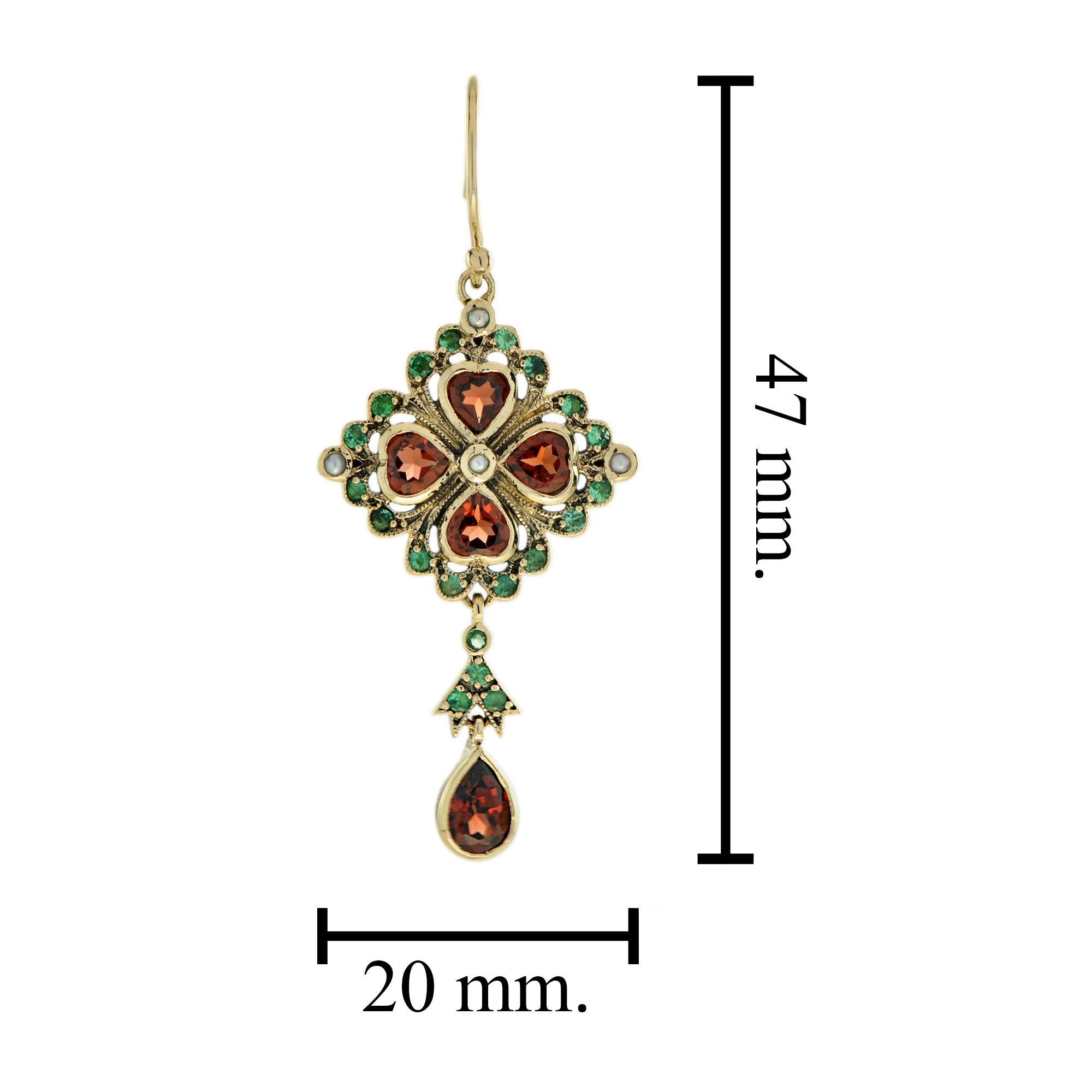 Garnet Emerald Pearl Vintage Style Drop Earrings in 9k Yellow Gold In New Condition In Bangkok, TH