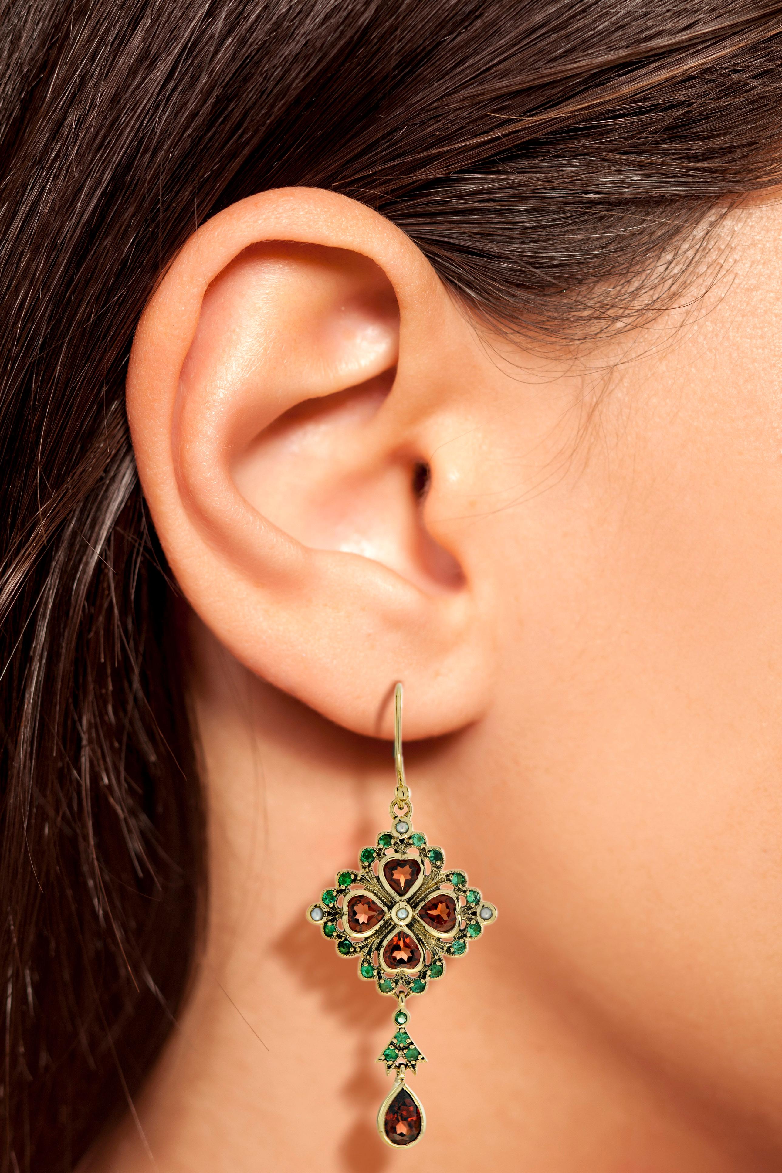 Women's Garnet Emerald Pearl Vintage Style Drop Earrings in 9k Yellow Gold