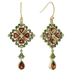 Garnet Emerald Pearl Vintage Style Drop Earrings in 9k Yellow Gold