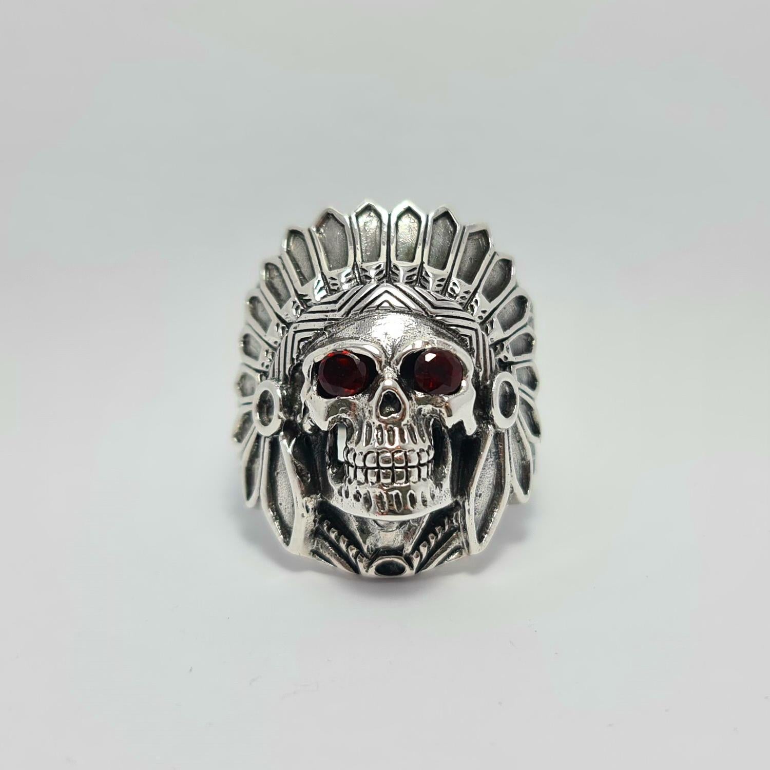 Garnet Eyes American Indian Skull Tribal Chief Warrior Ring Sterling Silver 925 For Sale 7