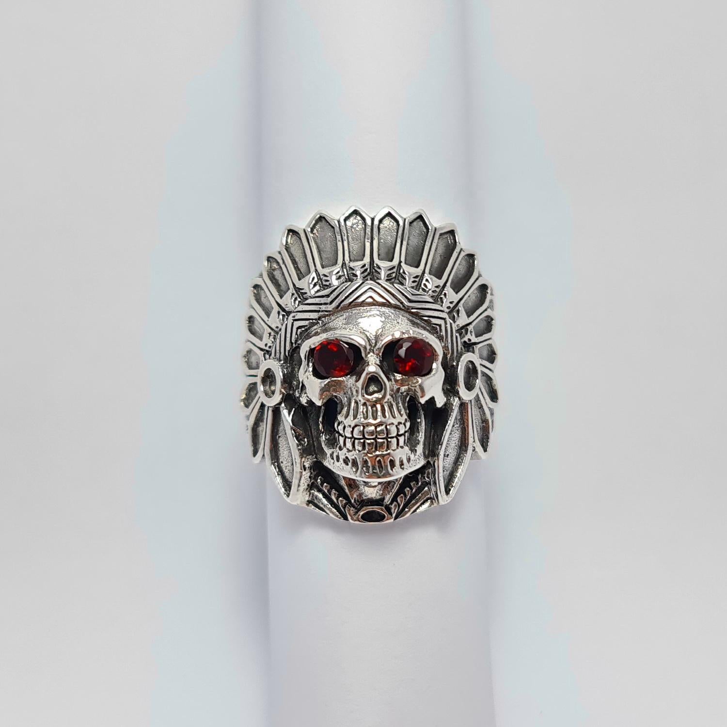 Garnet Eyes American Indian Skull Tribal Chief Warrior Ring Sterling Silver 925 For Sale 8