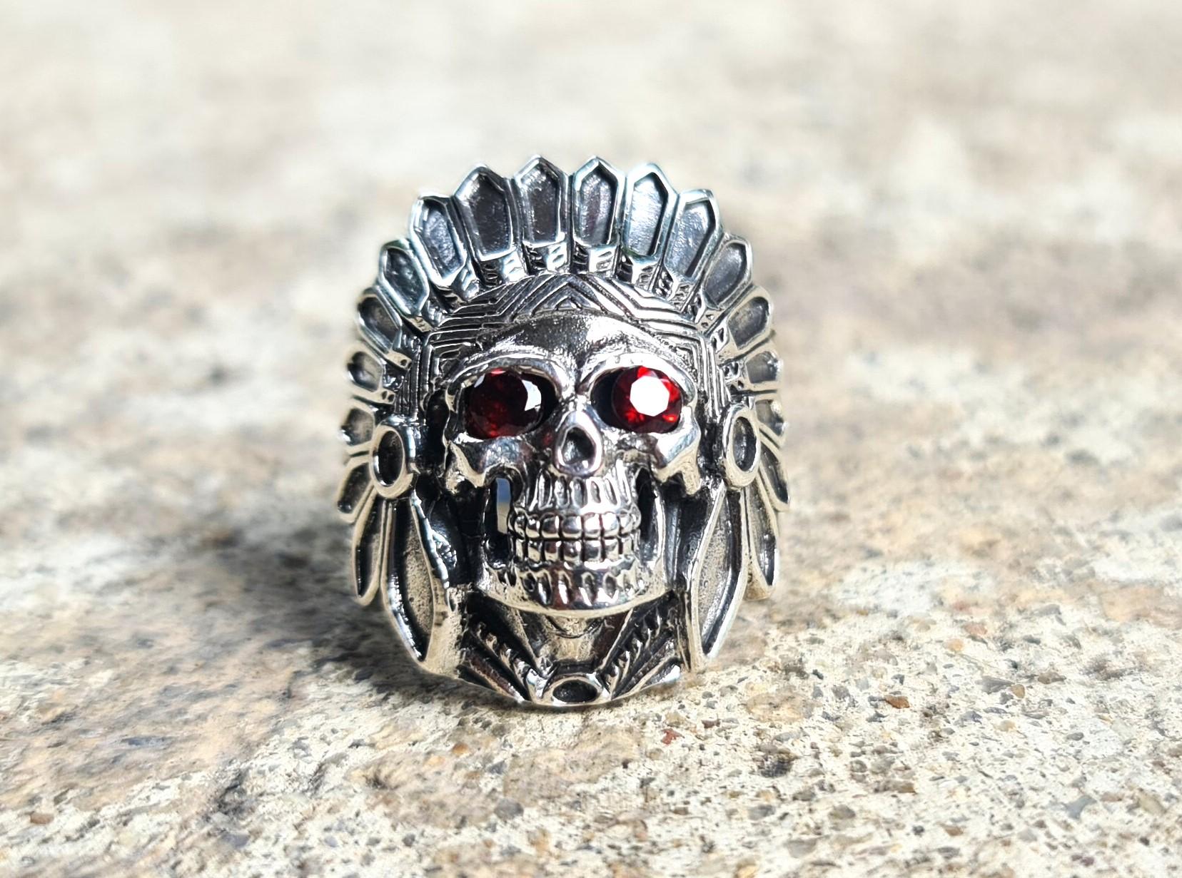 American Indian Tribal Chief Warrior Skull Ring with Natural Garnet

Solid 925 Sterling Silver Ring With Genuine Garnet

The weight of the ring is 16 grams

We can engrave any complexity. It can be any letter, sign, phrase, or logo.
10-20$ depending