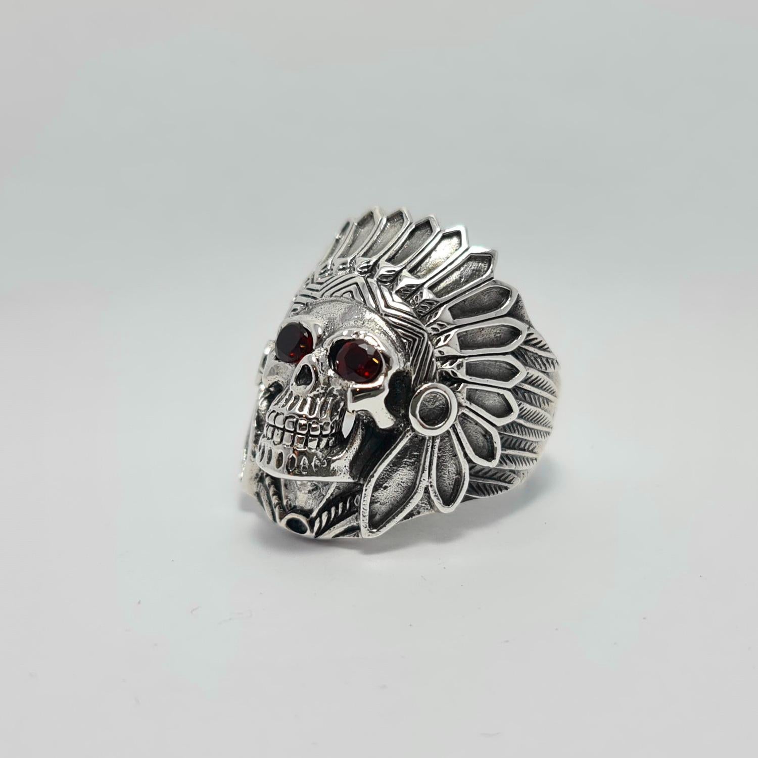 Artist Garnet Eyes American Indian Skull Tribal Chief Warrior Ring Sterling Silver 925 For Sale