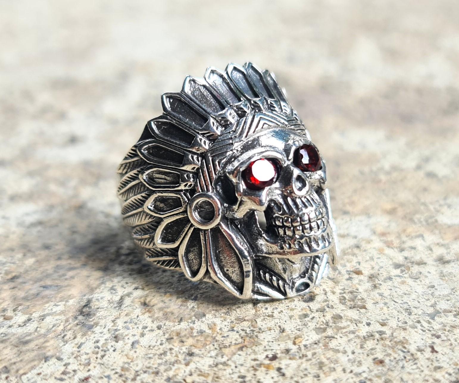 Garnet Eyes American Indian Skull Tribal Chief Warrior Ring Sterling Silver 925 In New Condition For Sale In Los Angeles, CA