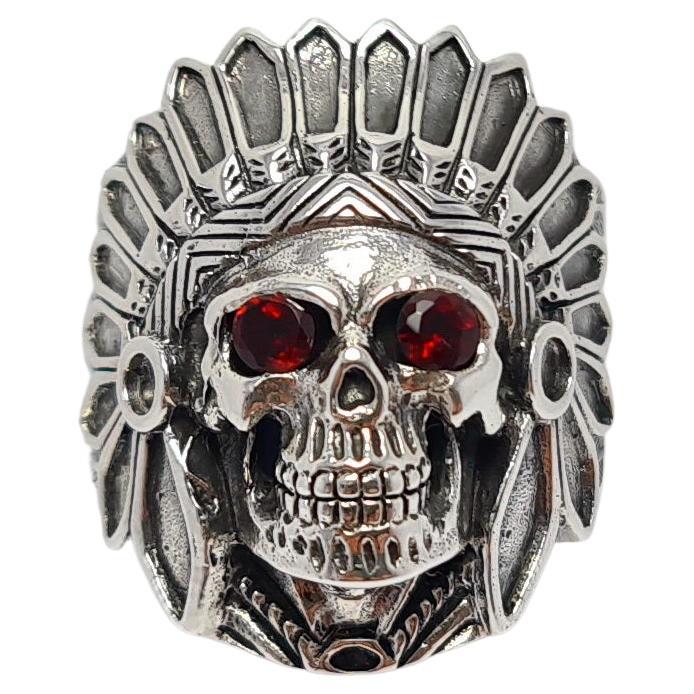 Garnet Eyes American Indian Skull Tribal Chief Warrior Ring Sterling Silver 925 For Sale