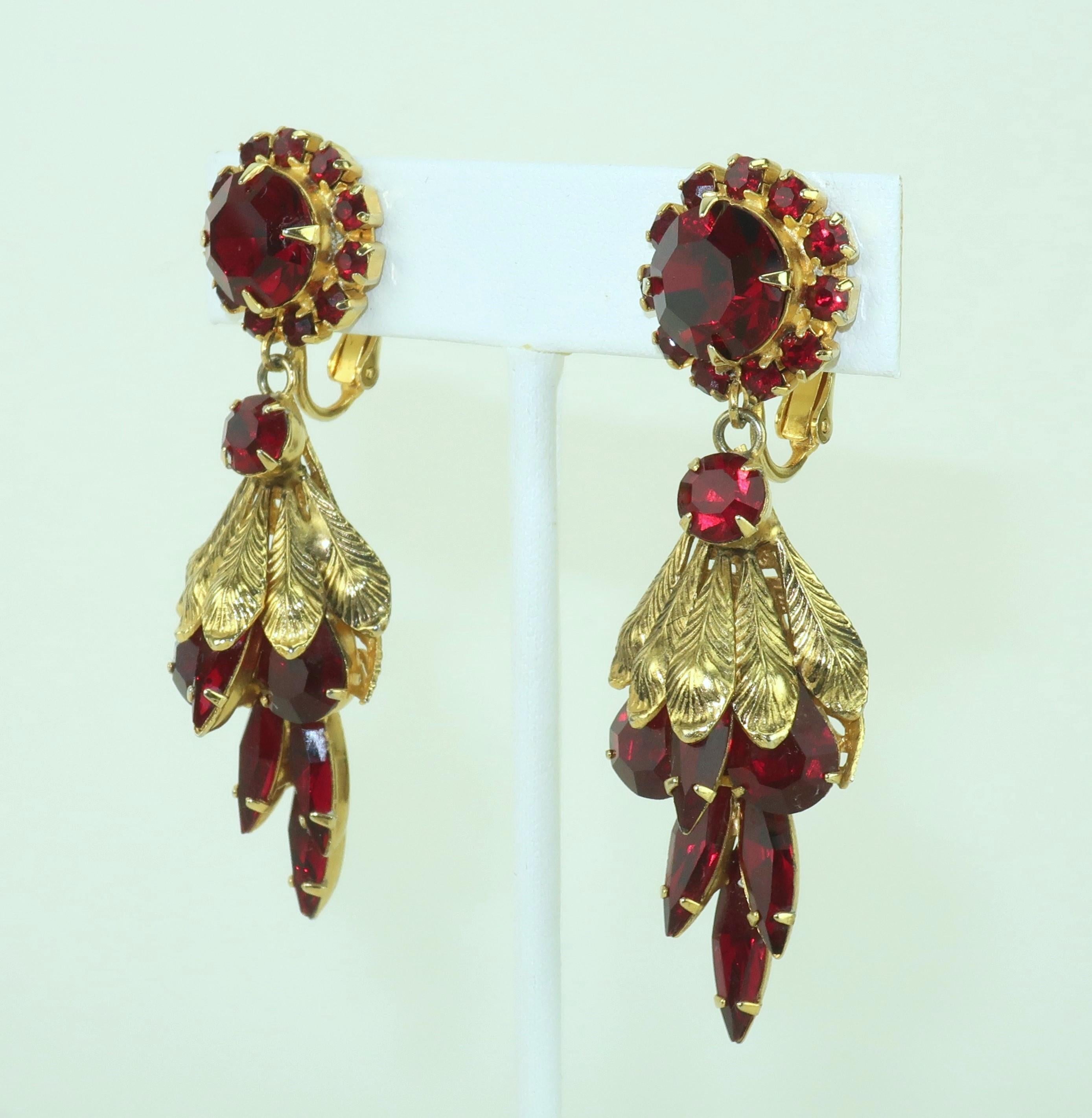 Edwardian Garnet Glass Rhinestone Drop Dangle Earrings, 1960's For Sale