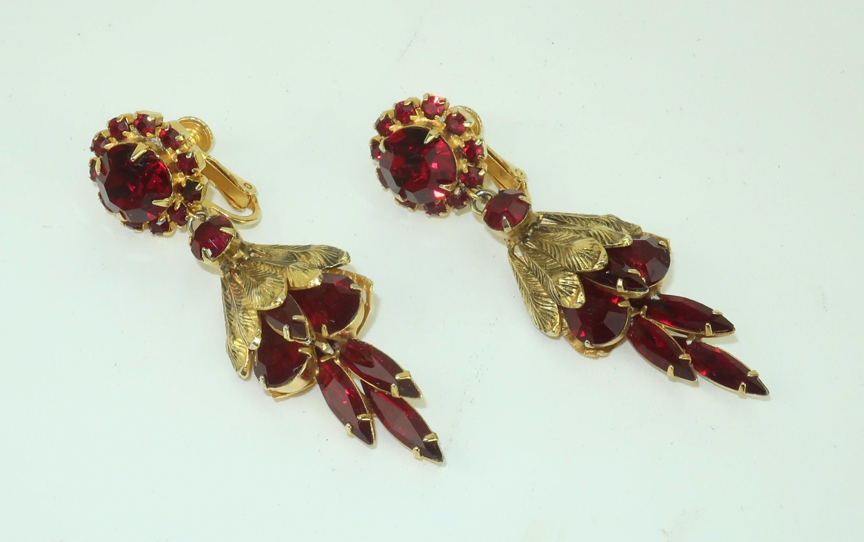 Women's Garnet Glass Rhinestone Drop Dangle Earrings, 1960's For Sale