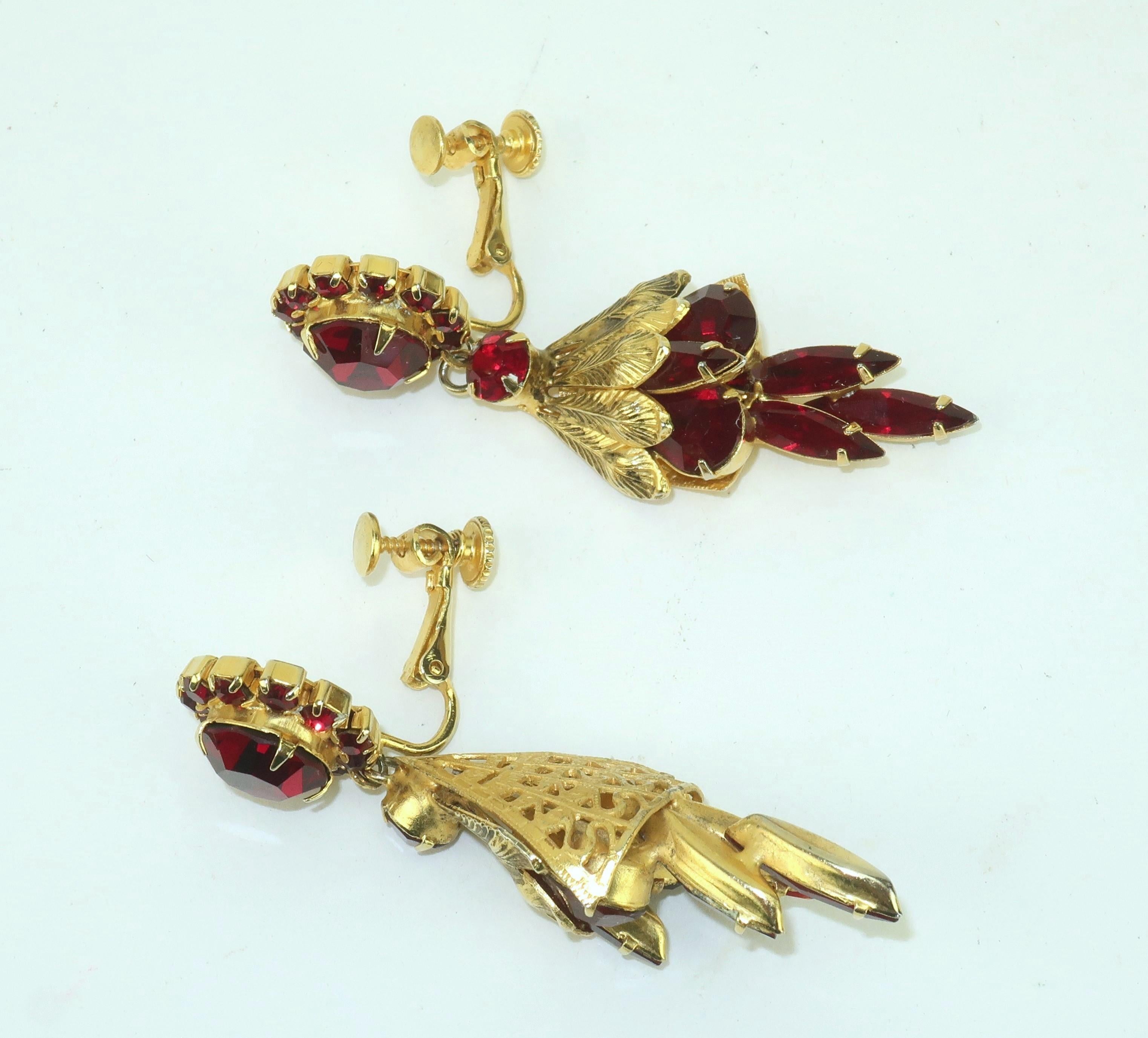 Garnet Glass Rhinestone Drop Dangle Earrings, 1960's For Sale 2