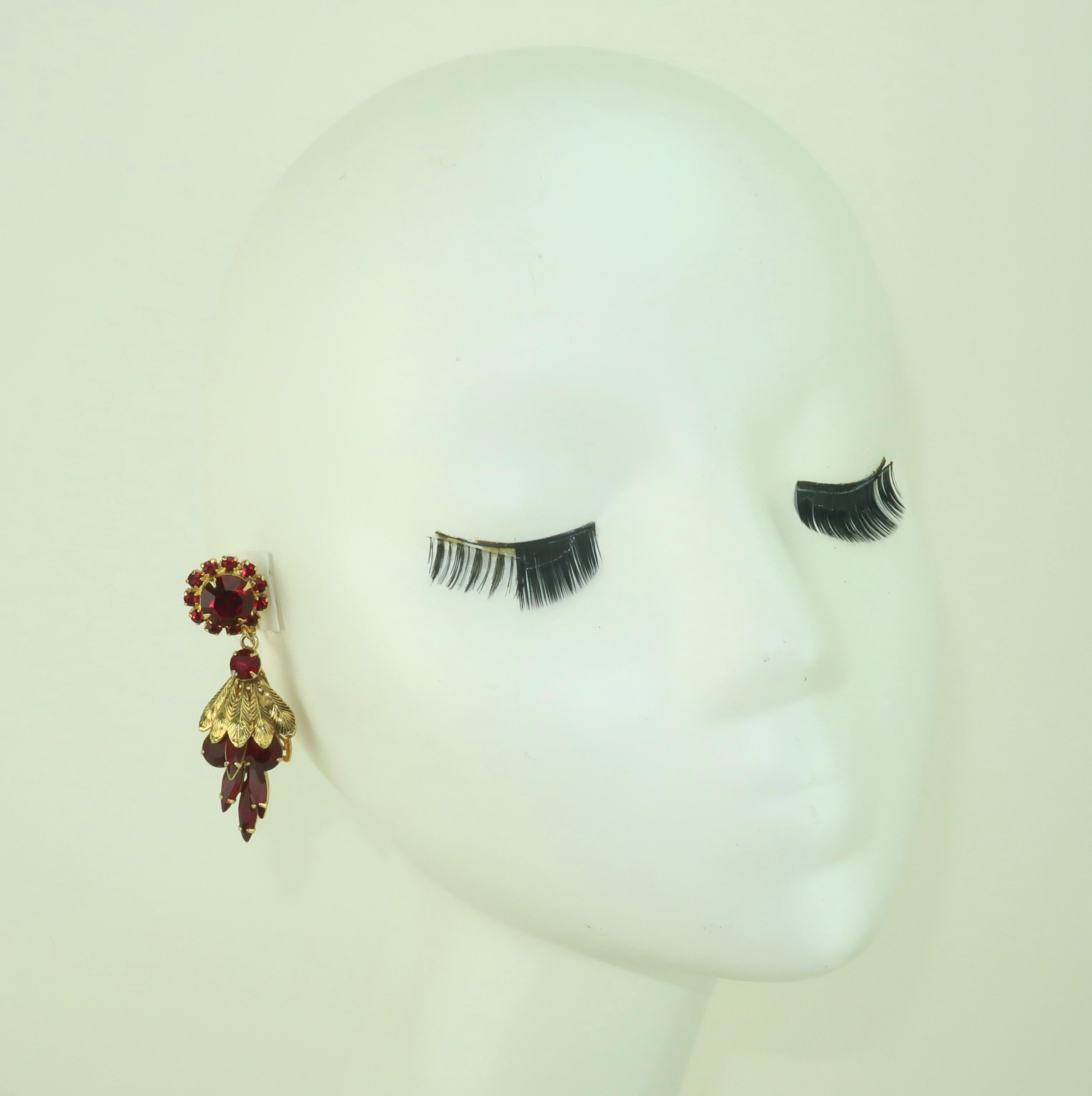 Garnet Glass Rhinestone Drop Dangle Earrings, 1960's For Sale 3
