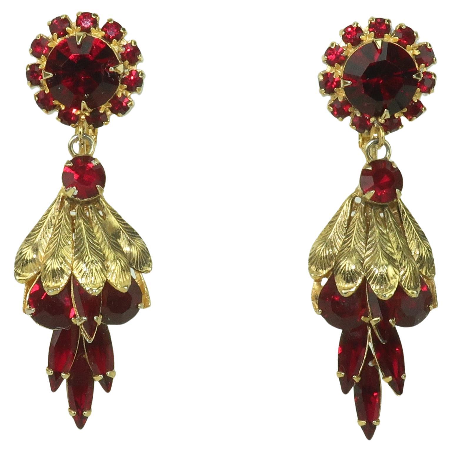 Garnet Glass Rhinestone Drop Dangle Earrings, 1960's For Sale