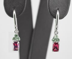 Garnet, green sapphire 14k gold earrings