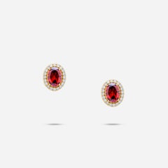 Oval Red Rhodolite Garnet Diamond Halo 18 Karat Rose Gold Stud Unique Earrings