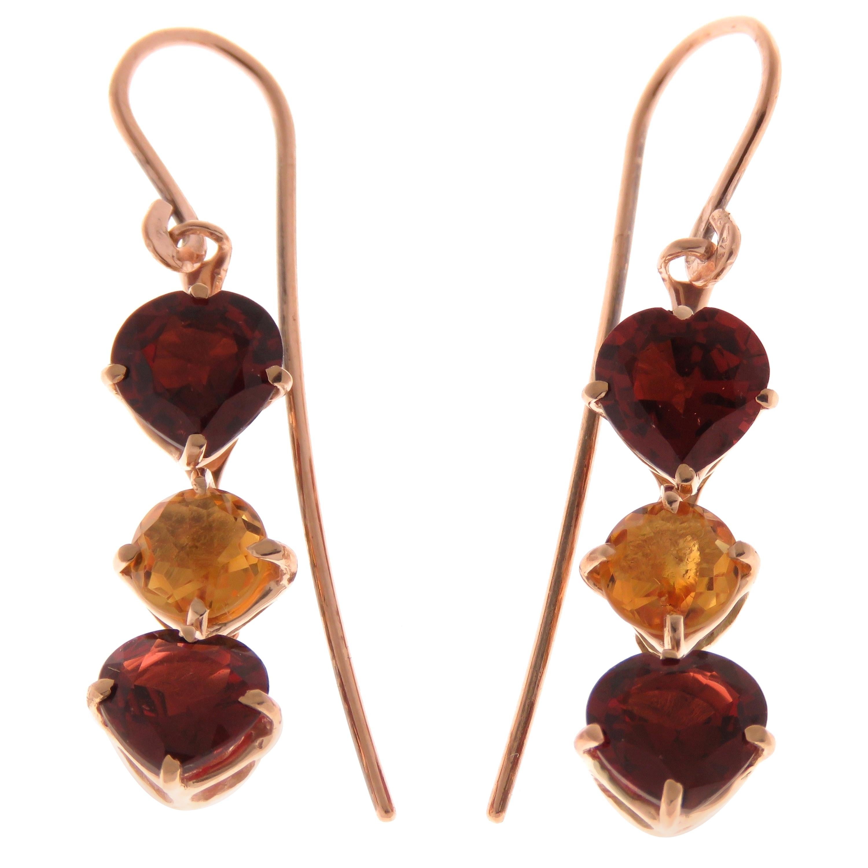 Boucles d'oreilles en or rose 9 carats avec grenats taille cœur et citrine taille rose, fabriquées en Italie en vente