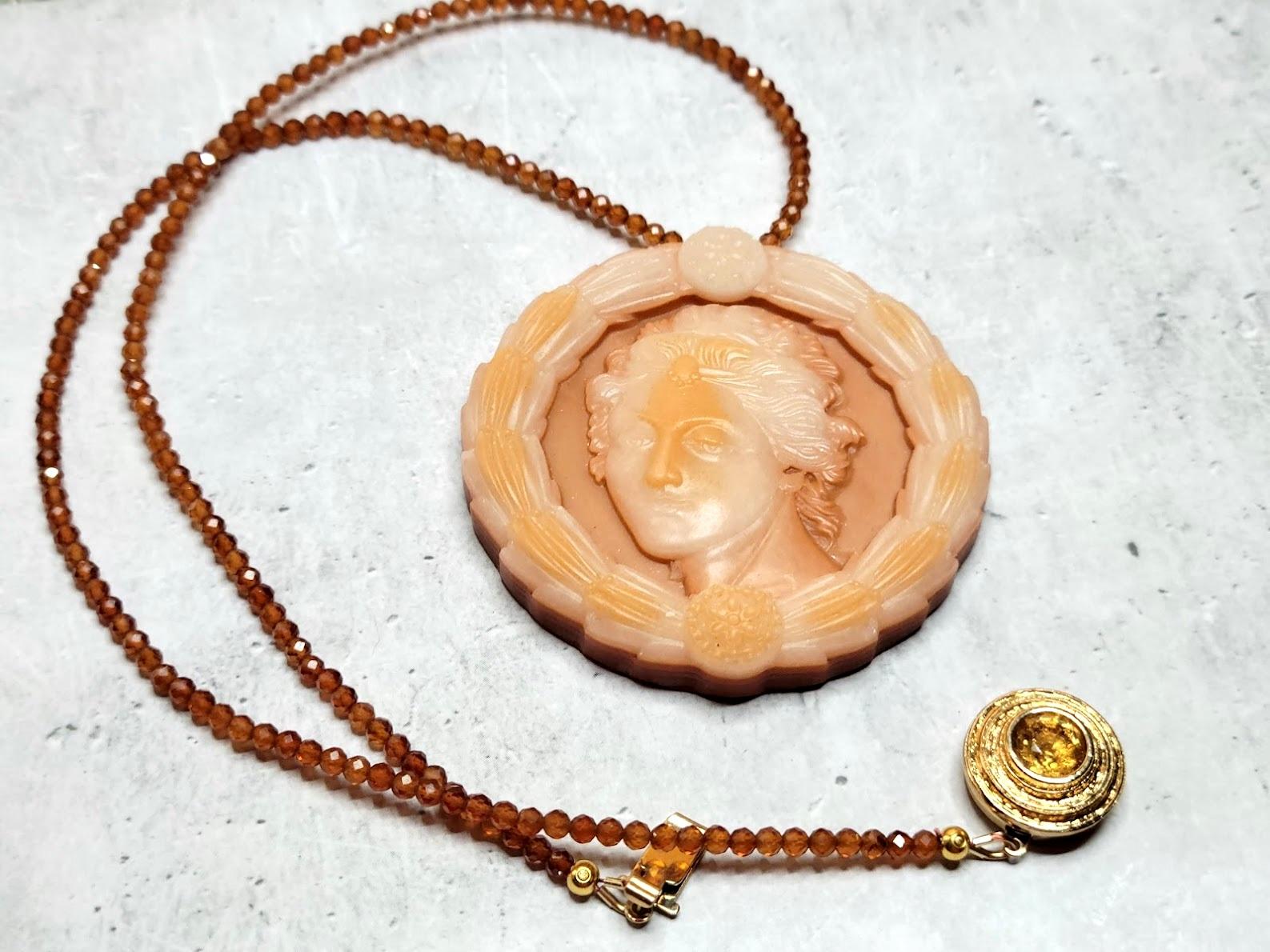Mixed Cut Garnet Hessonite Necklace with Oregon Jasper Cameo For Sale