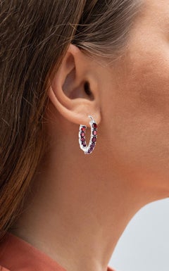 Garnet Hoop Earrings 4 Carats Rhodium Plated Silver
