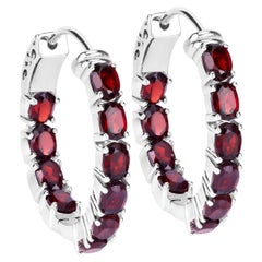 Garnet Hoop Earrings 4 Carats Rhodium Plated Silver
