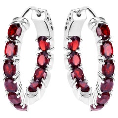 Garnet Hoop Earrings 4 Carats Rhodium Plated Silver