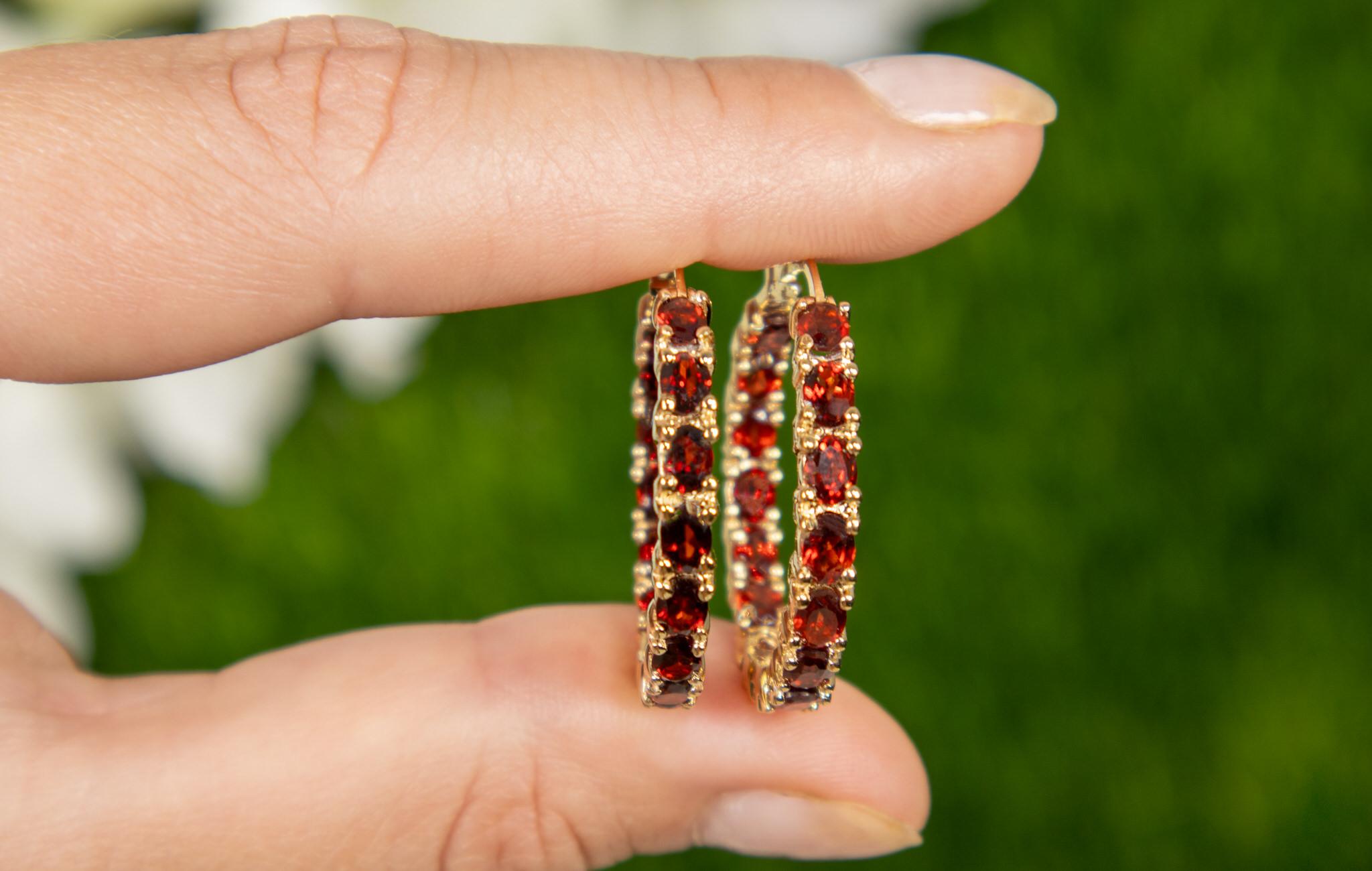 Contemporary Garnet Hoop Earrings 6 Carats 14K Yellow Gold Plated Silver For Sale