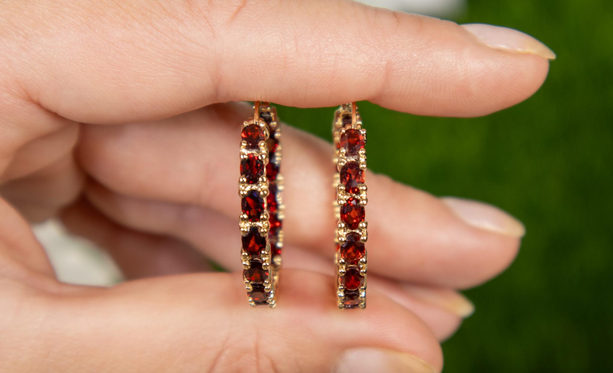 Oval Cut Garnet Hoop Earrings 6 Carats 14K Yellow Gold Plated Silver For Sale