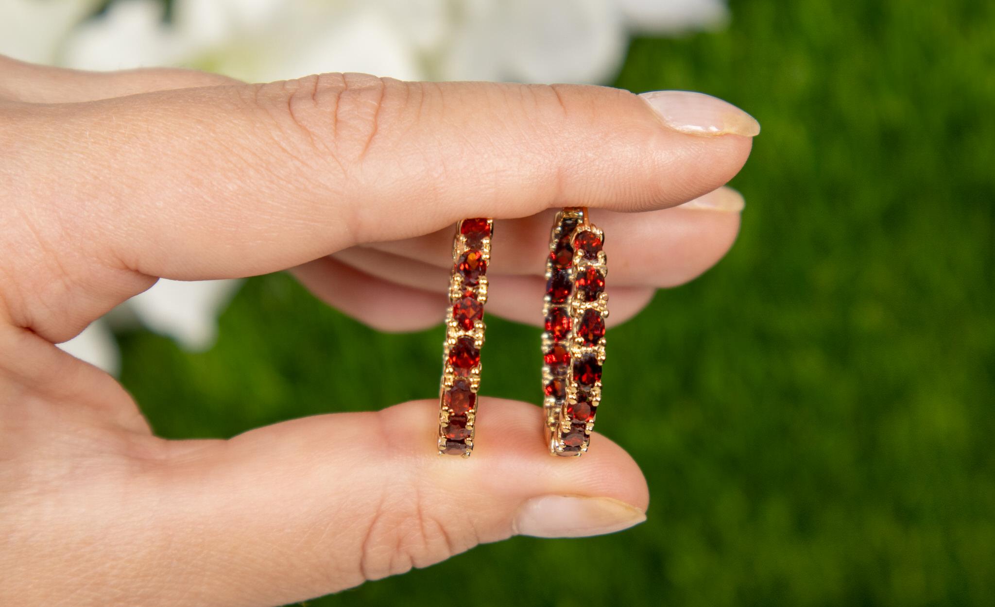 Garnet Hoop Earrings 6 Carats 14K Yellow Gold Plated Silver In New Condition For Sale In Aliso Viejo, CA