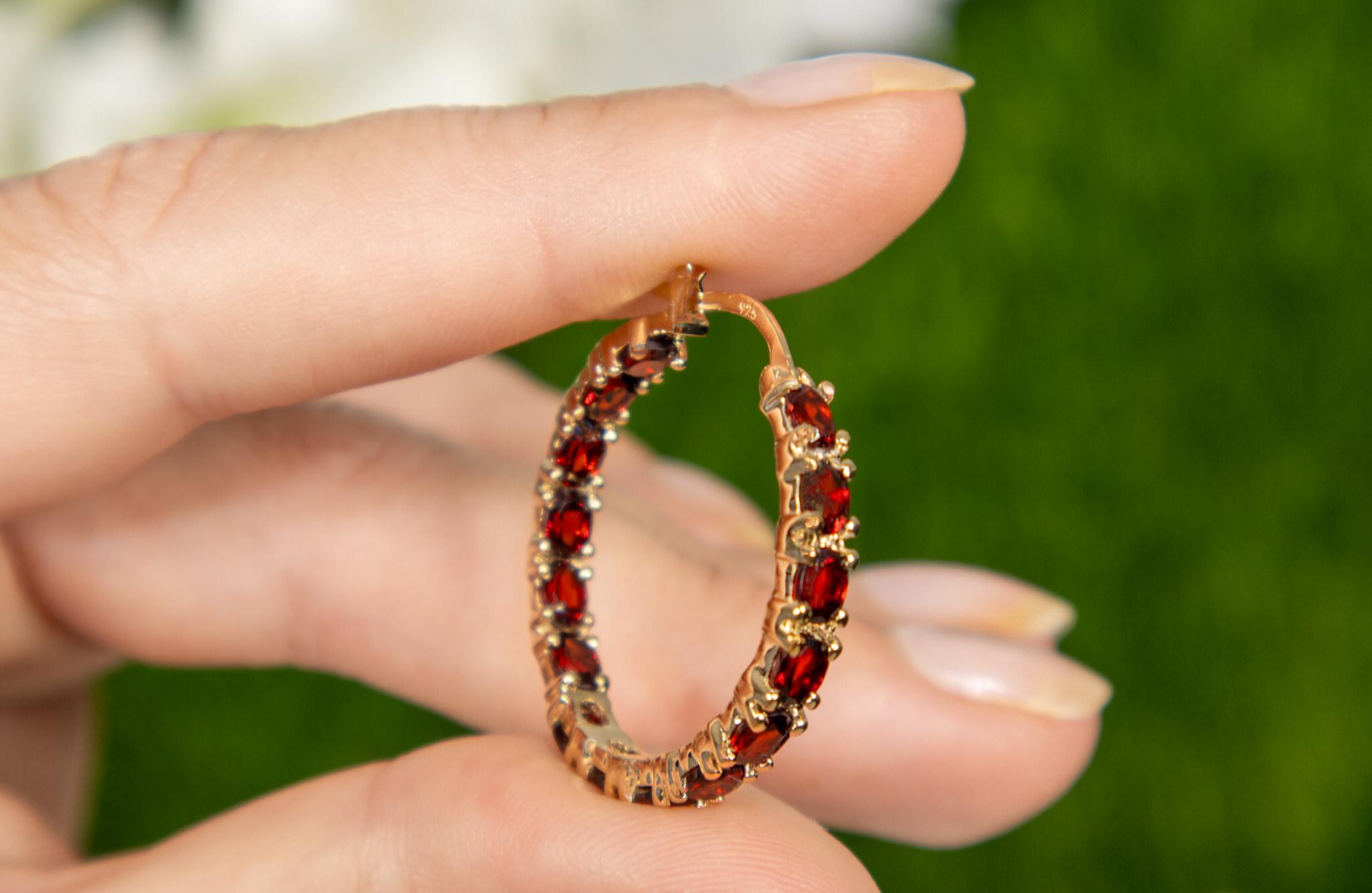 Women's Garnet Hoop Earrings 6 Carats 14K Yellow Gold Plated Silver For Sale