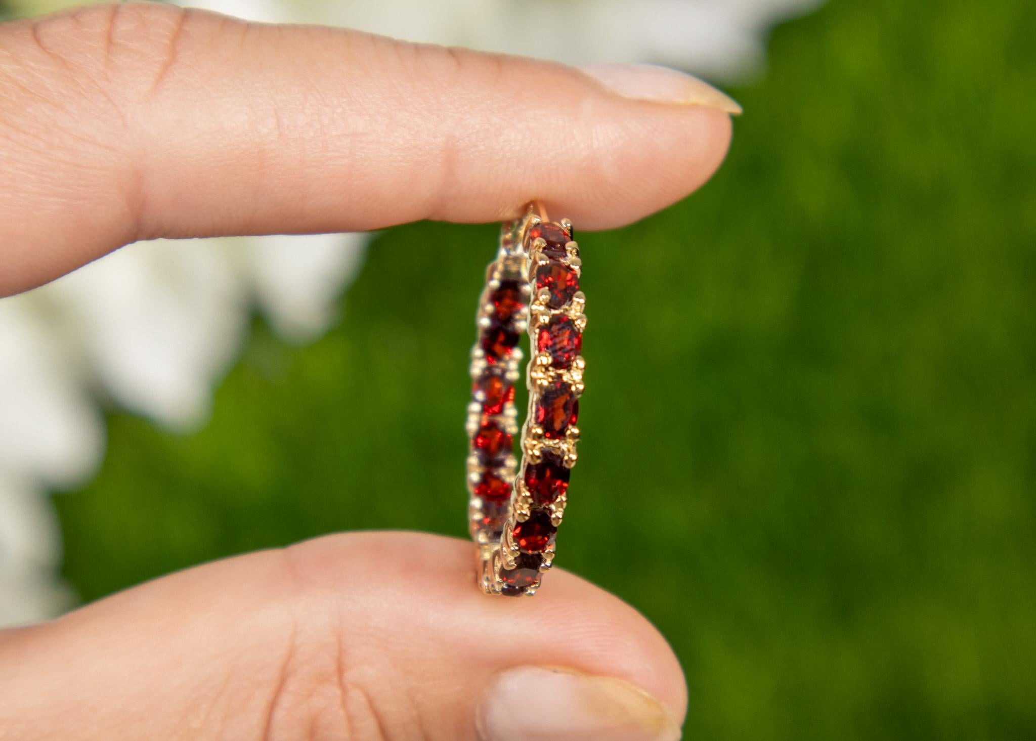 Garnet Hoop Earrings 6 Carats 14K Yellow Gold Plated Silver For Sale 1