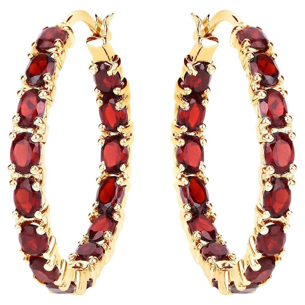 Garnet Hoop Earrings 6 Carats 14K Yellow Gold Plated Silver