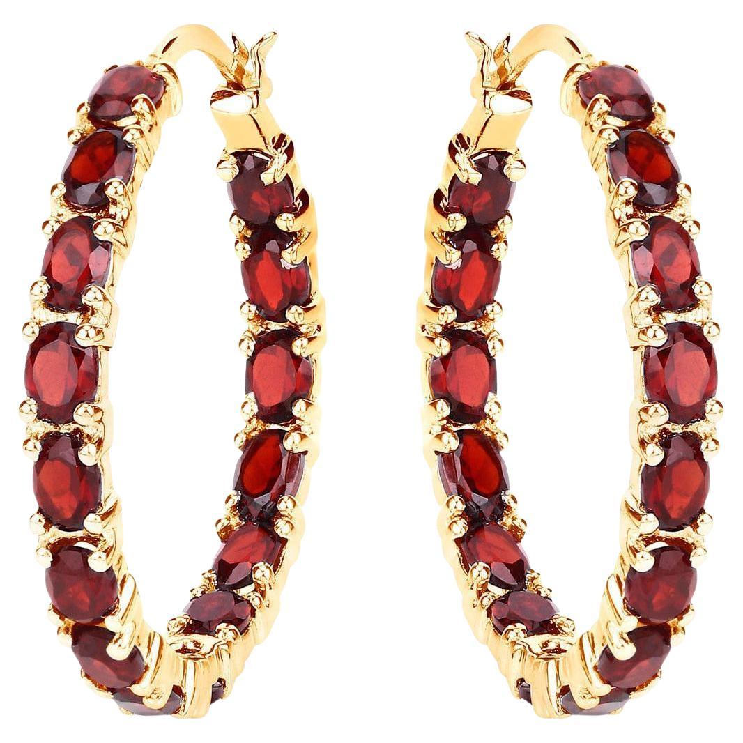 Garnet Hoop Earrings 6 Carats 14K Yellow Gold Plated Silver