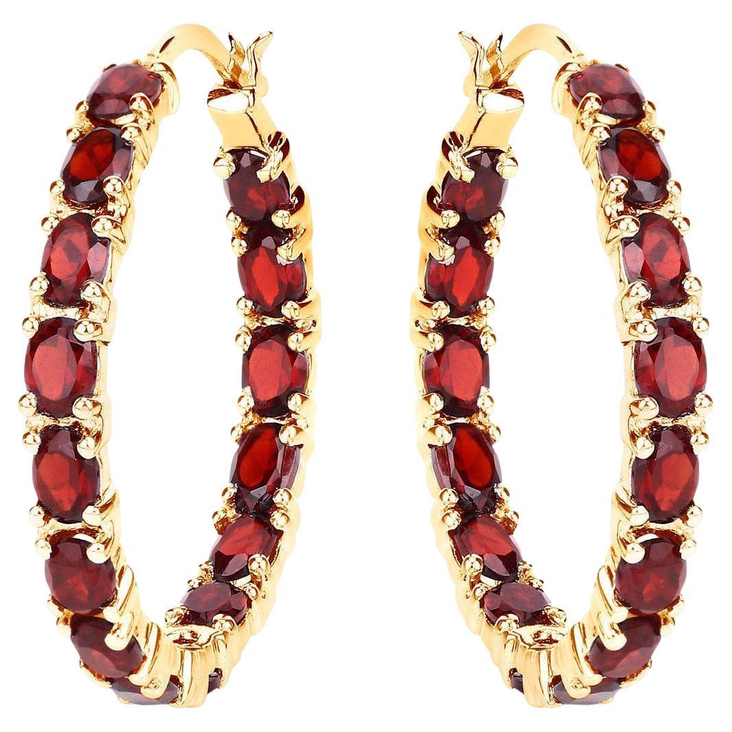 Garnet Hoop Earrings 6 Carats 14K Yellow Gold Plated Silver