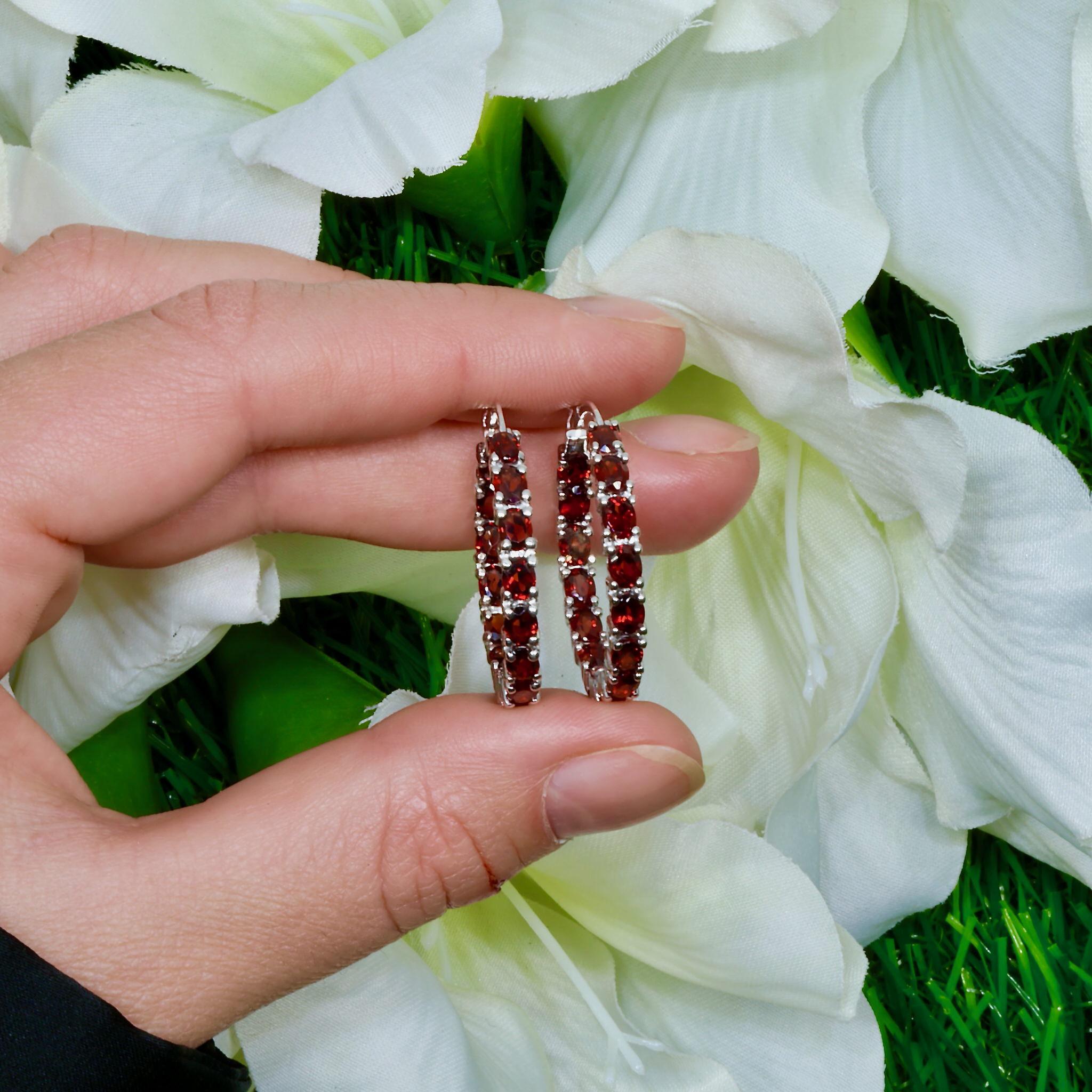 Contemporary Garnet Hoop Earrings 6 Carats Sterling Silver For Sale