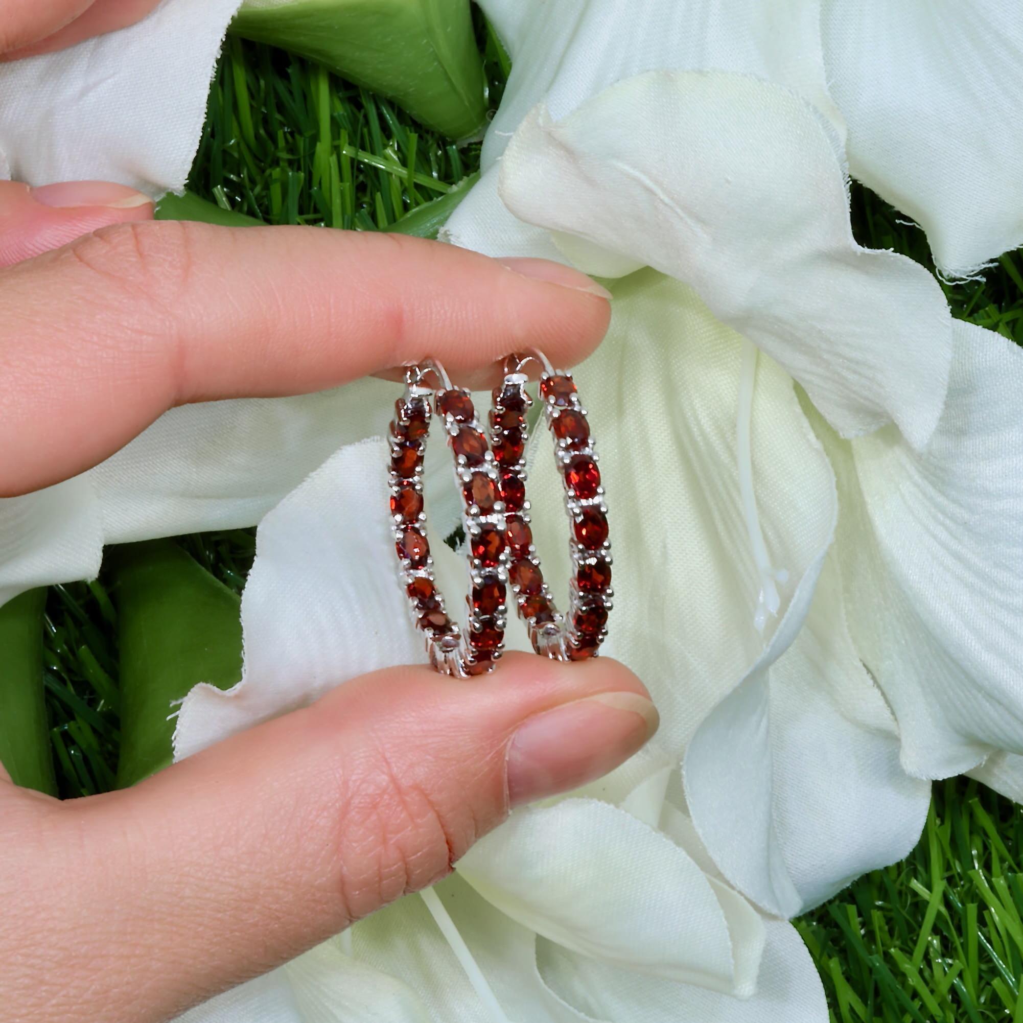 Garnet Hoop Earrings 6 Carats Sterling Silver In Excellent Condition For Sale In Aliso Viejo, CA