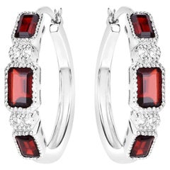 Garnet Hoop Earrings With White Topaz 2.74 Carats Sterling Silver