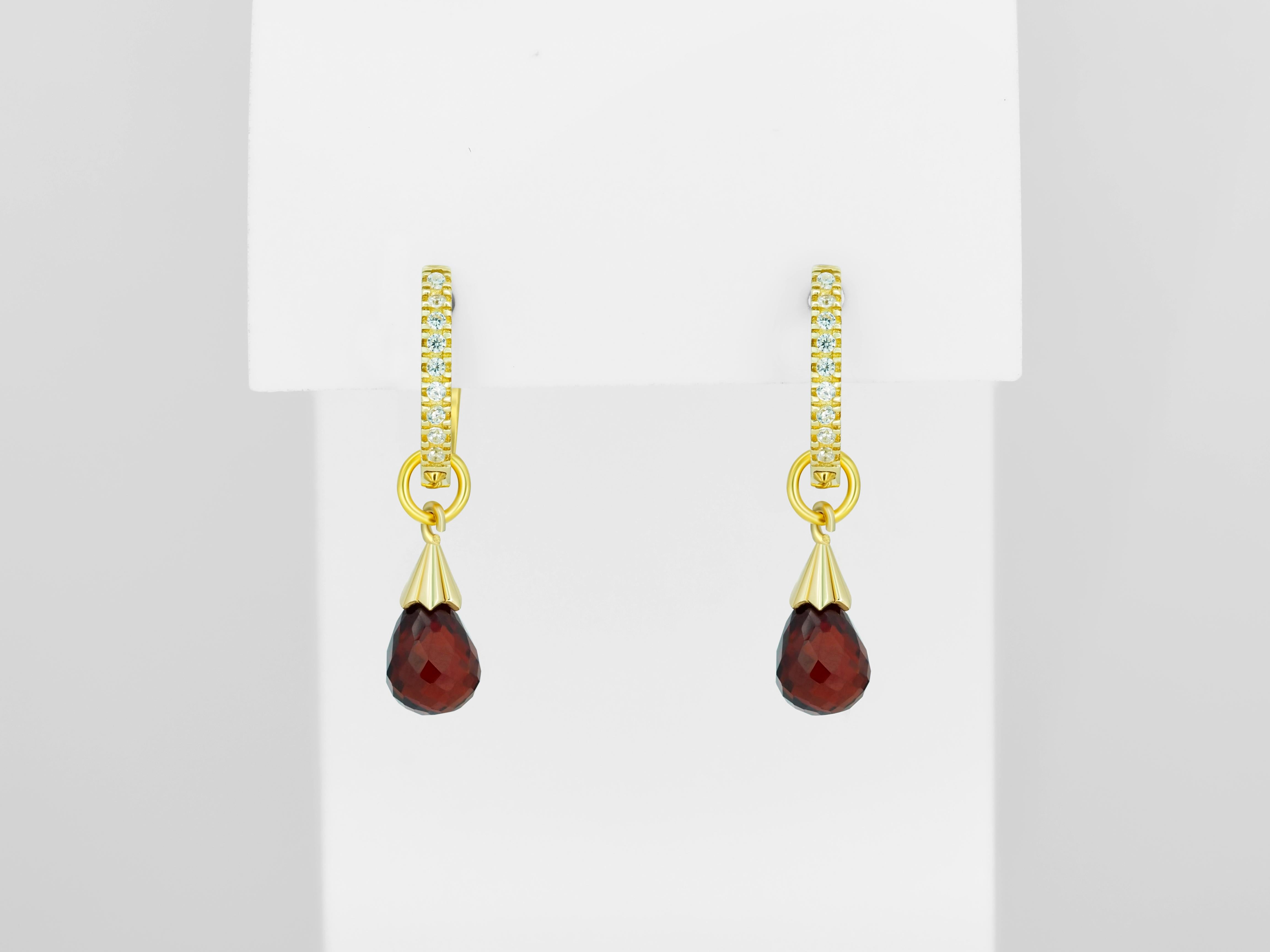 Garnet huggy hoop diamond earrings.  For Sale 2