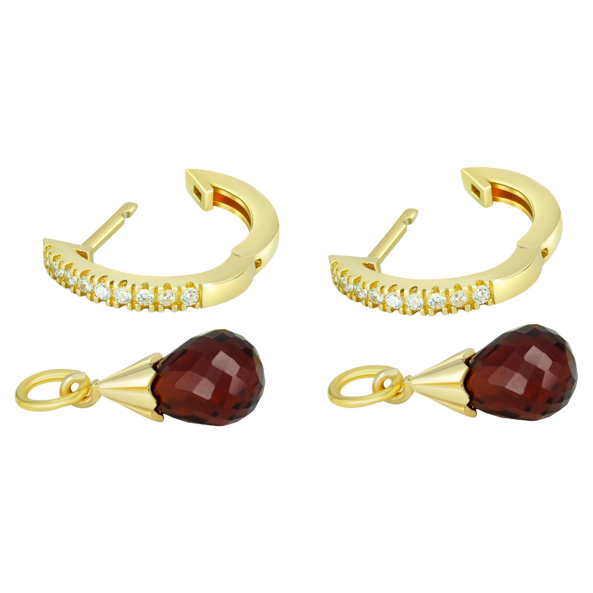 Garnet huggy hoop diamond earrings.  For Sale