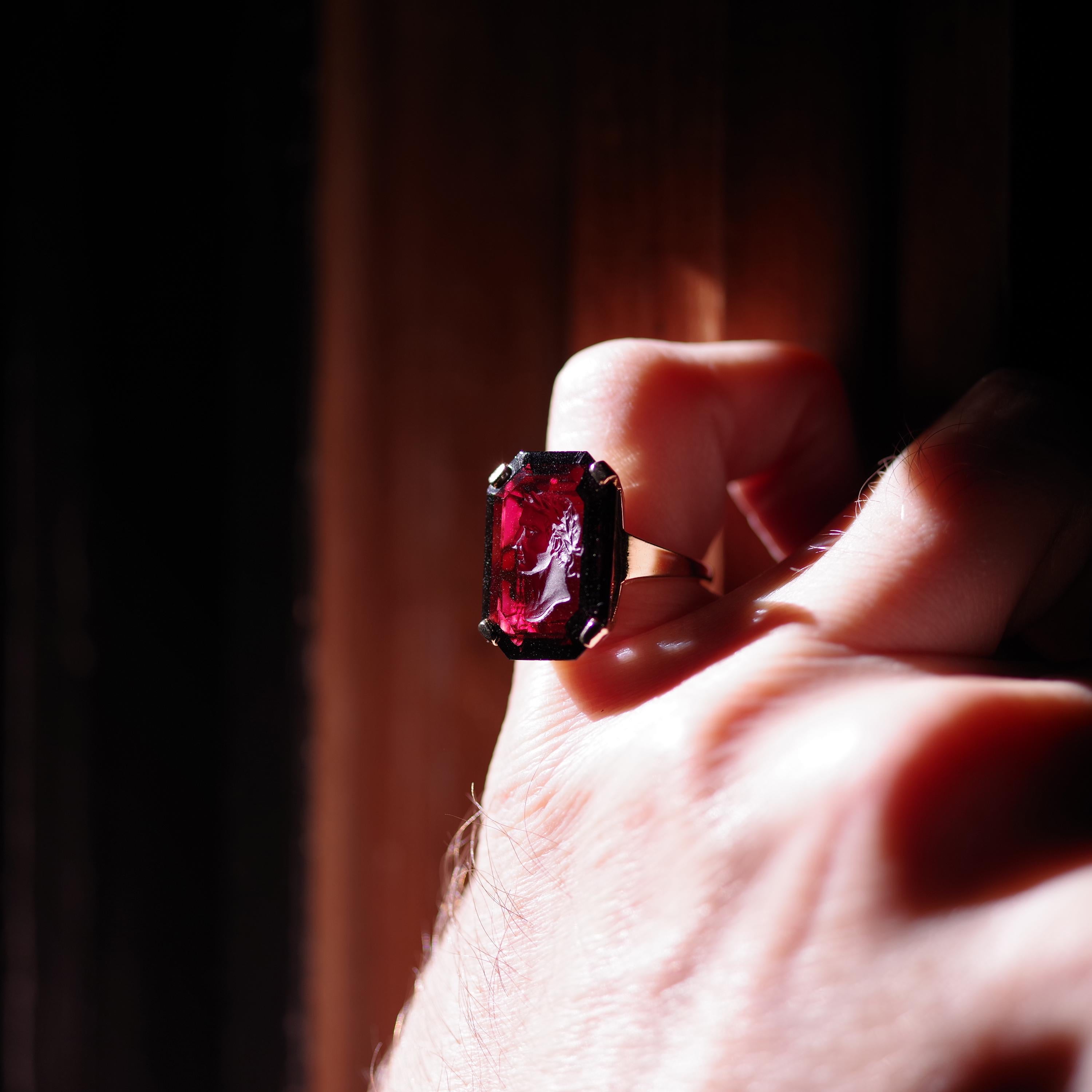 Garnet Intaglio Ring of Young Dionysus the Wine God in Retro Setting 6