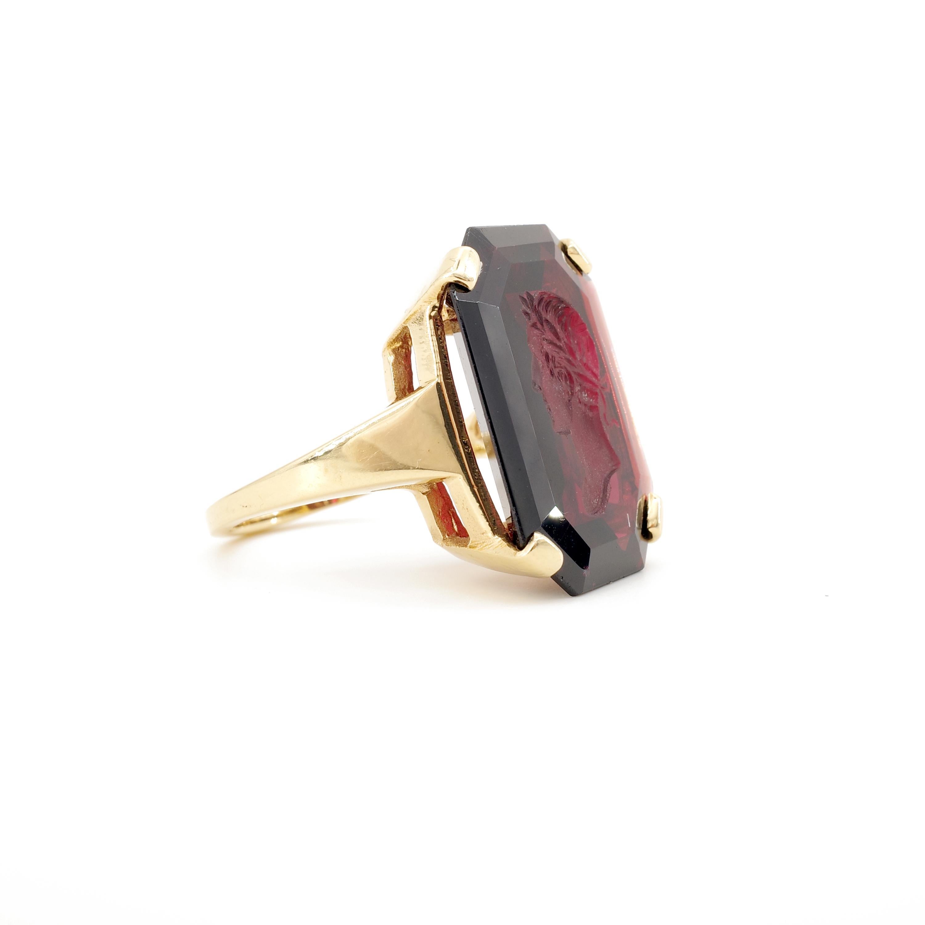 Women's or Men's Garnet Intaglio Ring of Young Dionysus the Wine God in Retro Setting