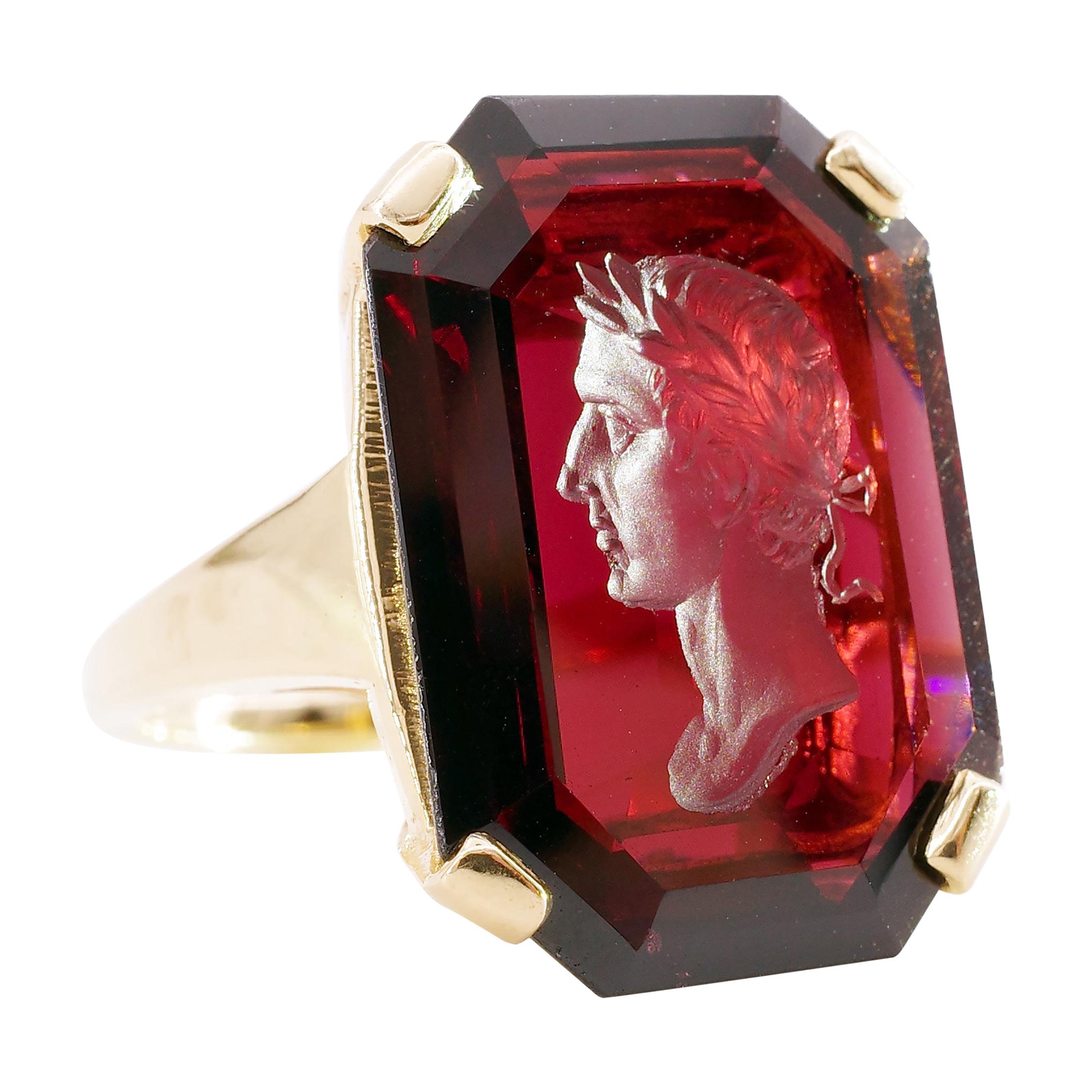 Garnet Intaglio Ring of Young Dionysus the Wine God in Retro Setting