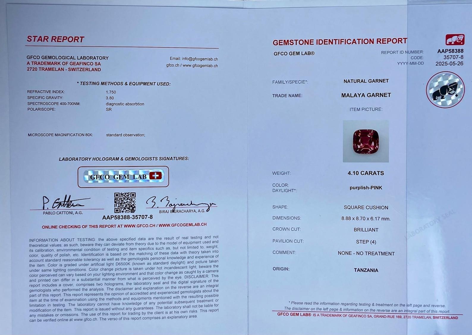 Garnet Malaya Natural Loose Gemstone 4.10 Ct. Cushion cut, Tanzania, certificate Corte cojín en venta