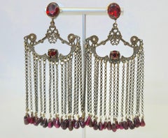 ArtDeco GarnetBeaded LongChains Bronze Pearl DropDangle Earrings, 20thCentury