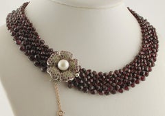 Garnet Multi-Strands Necklace, Clasp with Diamonds, Rubies and Pearl