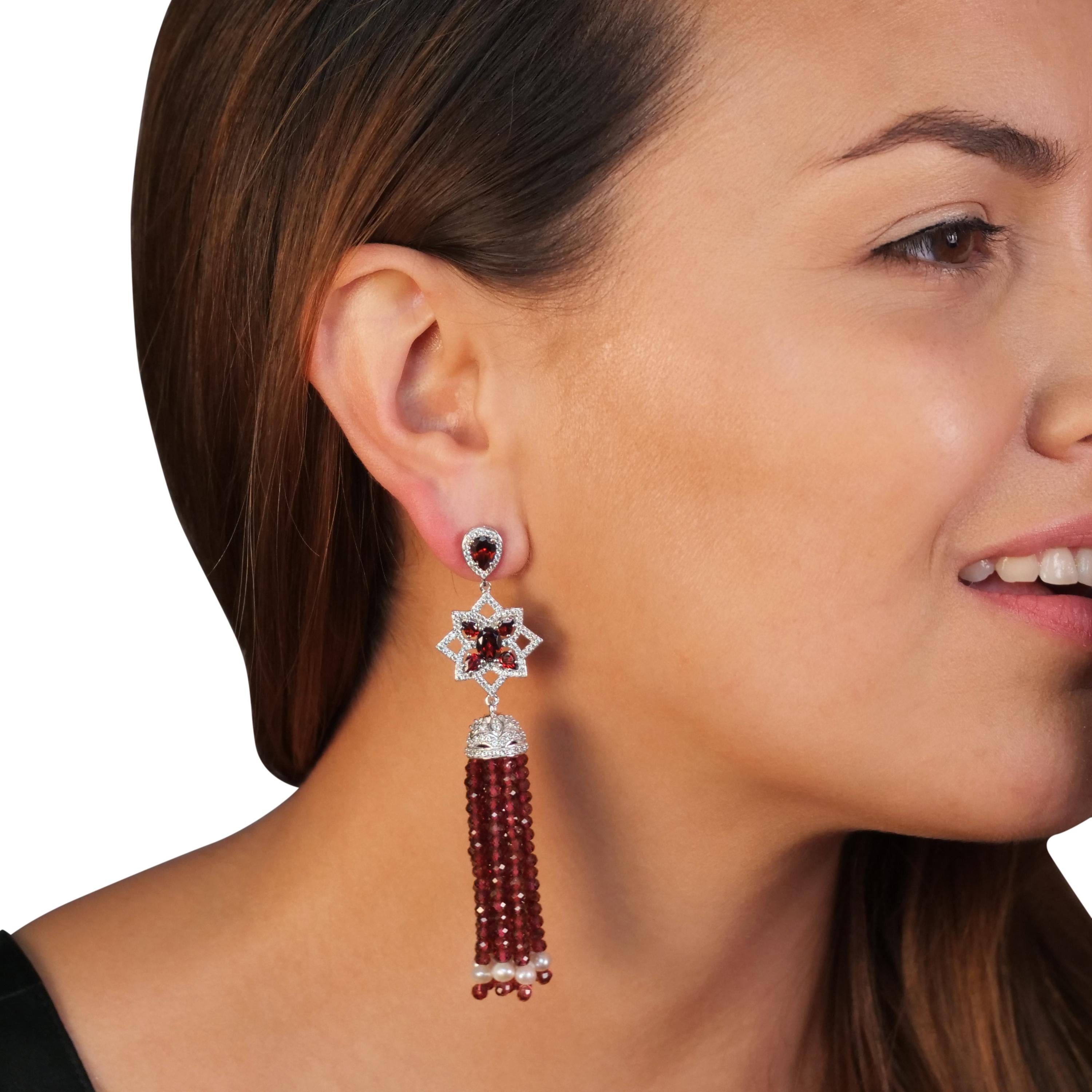 Round Cut 925 Sterling Silver With Garnet Beads And Freshwater Pearl Tassel Earrings